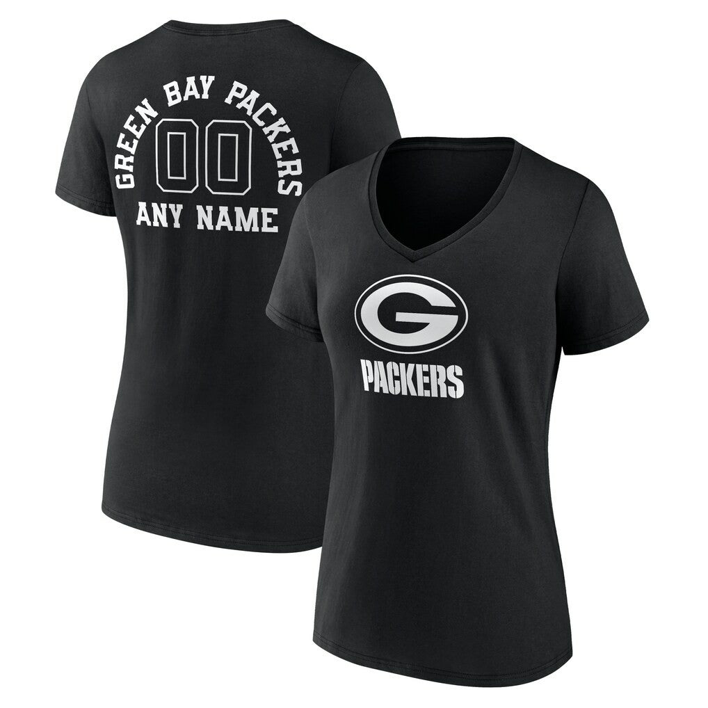 Green Bay Packers Women's Personalized Name & Number Monochrome V-Neck T-Shirt - Black T-shirts