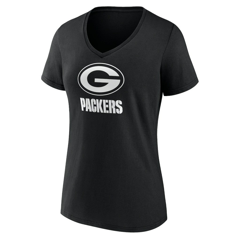 Green Bay Packers Women's Personalized Name & Number Monochrome V-Neck T-Shirt - Black T-shirts