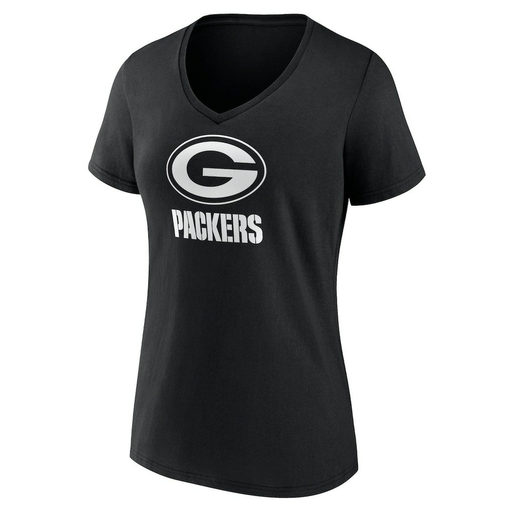 Green Bay Packers Women's Personalized Name & Number Monochrome V-Neck T-Shirt - Black T-shirts