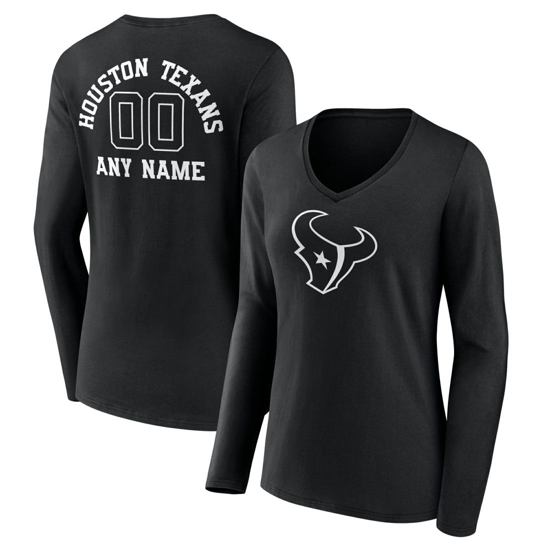Houston Texans Women's Personalized Name & Number Monochrome Long Sleeve V-Neck T-Shirt - Black T-shirts