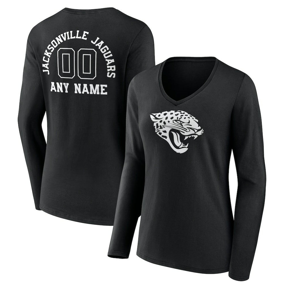 Jacksonville Jaguars Women's Personalized Name & Number Monochrome Long Sleeve V-Neck T-Shirt - Black T-shirts