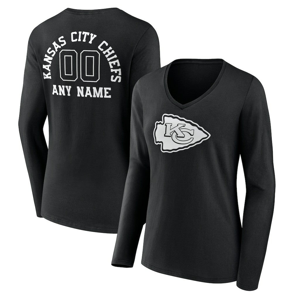 Kansas City Chiefs Women's Personalized Name & Number Monochrome Long Sleeve V-Neck T-Shirt - Black T-shirts