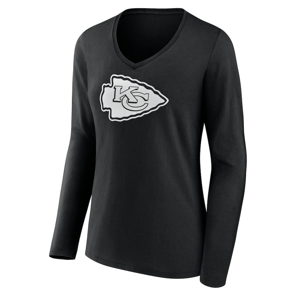 Kansas City Chiefs Women's Personalized Name & Number Monochrome Long Sleeve V-Neck T-Shirt - Black T-shirts