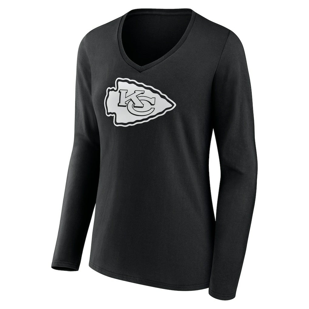 Kansas City Chiefs Women's Personalized Name & Number Monochrome Long Sleeve V-Neck T-Shirt - Black T-shirts