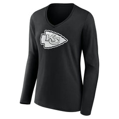 Kansas City Chiefs Women's Personalized Name & Number Monochrome Long Sleeve V-Neck T-Shirt - Black T-shirts