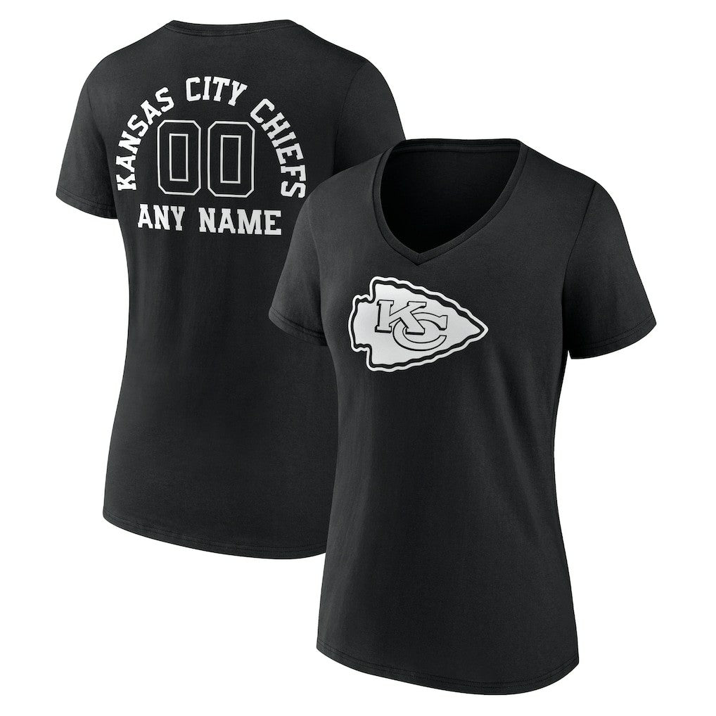 Kansas City Chiefs Women's Personalized Name & Number Monochrome V-Neck T-Shirt - Black T-shirts