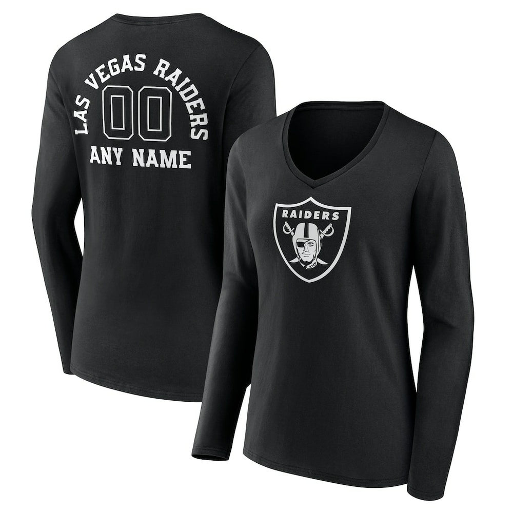 Las Vegas Raiders Women's Personalized Name & Number Monochrome Long Sleeve V-Neck T-Shirt - Black T-shirts