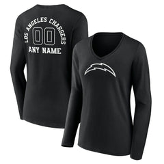 Los Angeles Chargers Women's Personalized Name & Number Monochrome Long Sleeve V-Neck T-Shirt - Black T-shirts