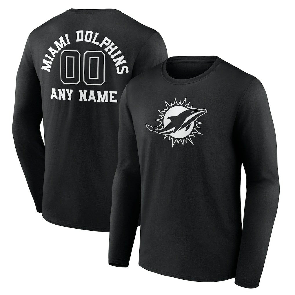 Miami Dolphins Personalized Name & Number Monochrome Long Sleeve T-Shirt - Black T-shirts