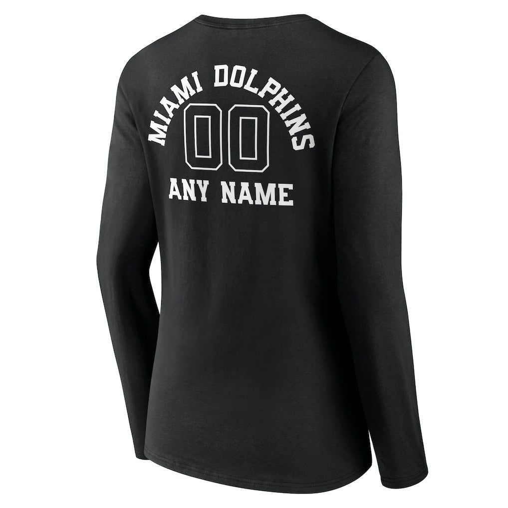 Miami Dolphins Women's Personalized Name & Number Monochrome Long Sleeve V-Neck T-Shirt - Black T-shirts