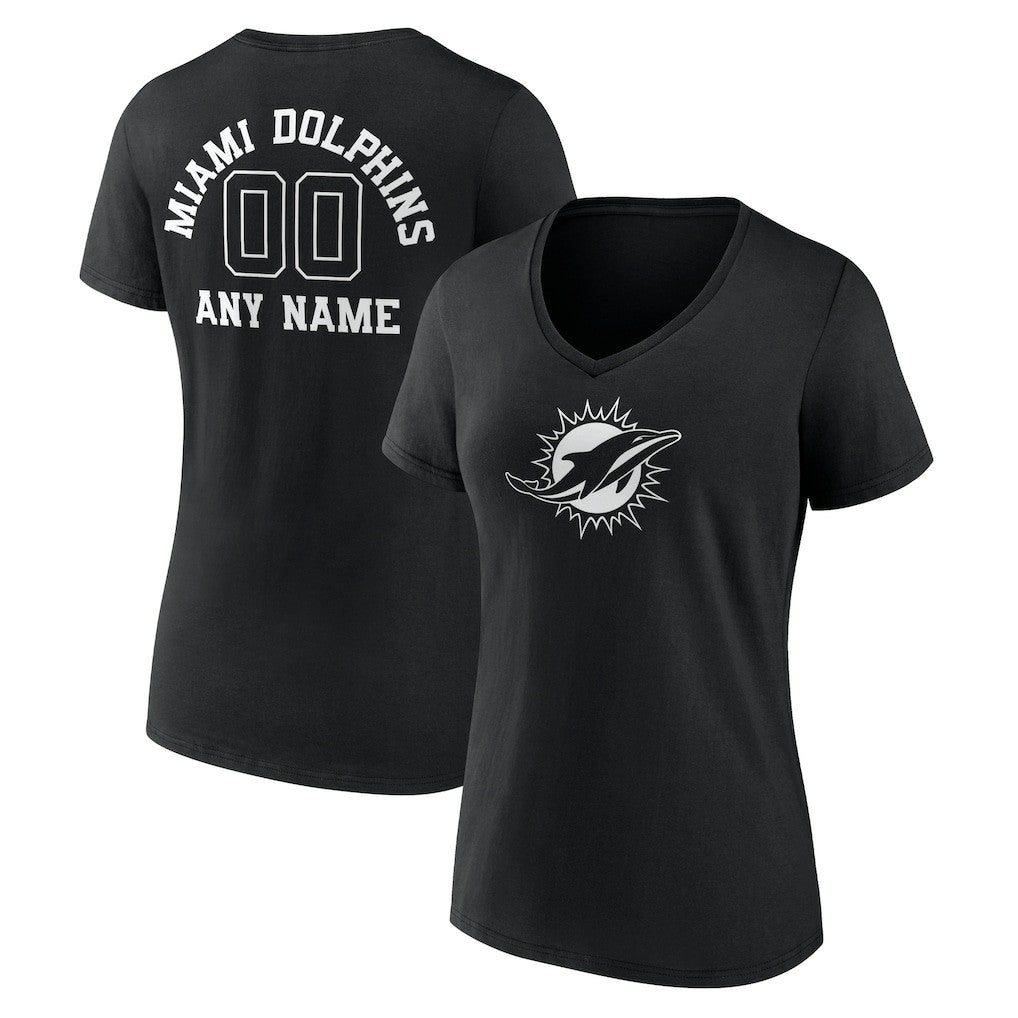 Miami Dolphins Women's Personalized Name & Number Monochrome V-Neck T-Shirt - Black T-shirts