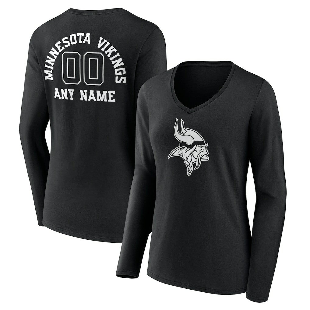 Minnesota Vikings Women's Personalized Name & Number Monochrome Long Sleeve V-Neck T-Shirt - Black T-shirts