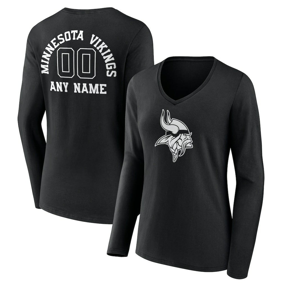Minnesota Vikings Women's Personalized Name & Number Monochrome Long Sleeve V-Neck T-Shirt - Black T-shirts