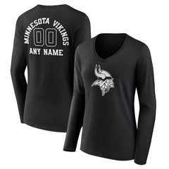 Minnesota Vikings Women's Personalized Name & Number Monochrome Long Sleeve V-Neck T-Shirt - Black T-shirts