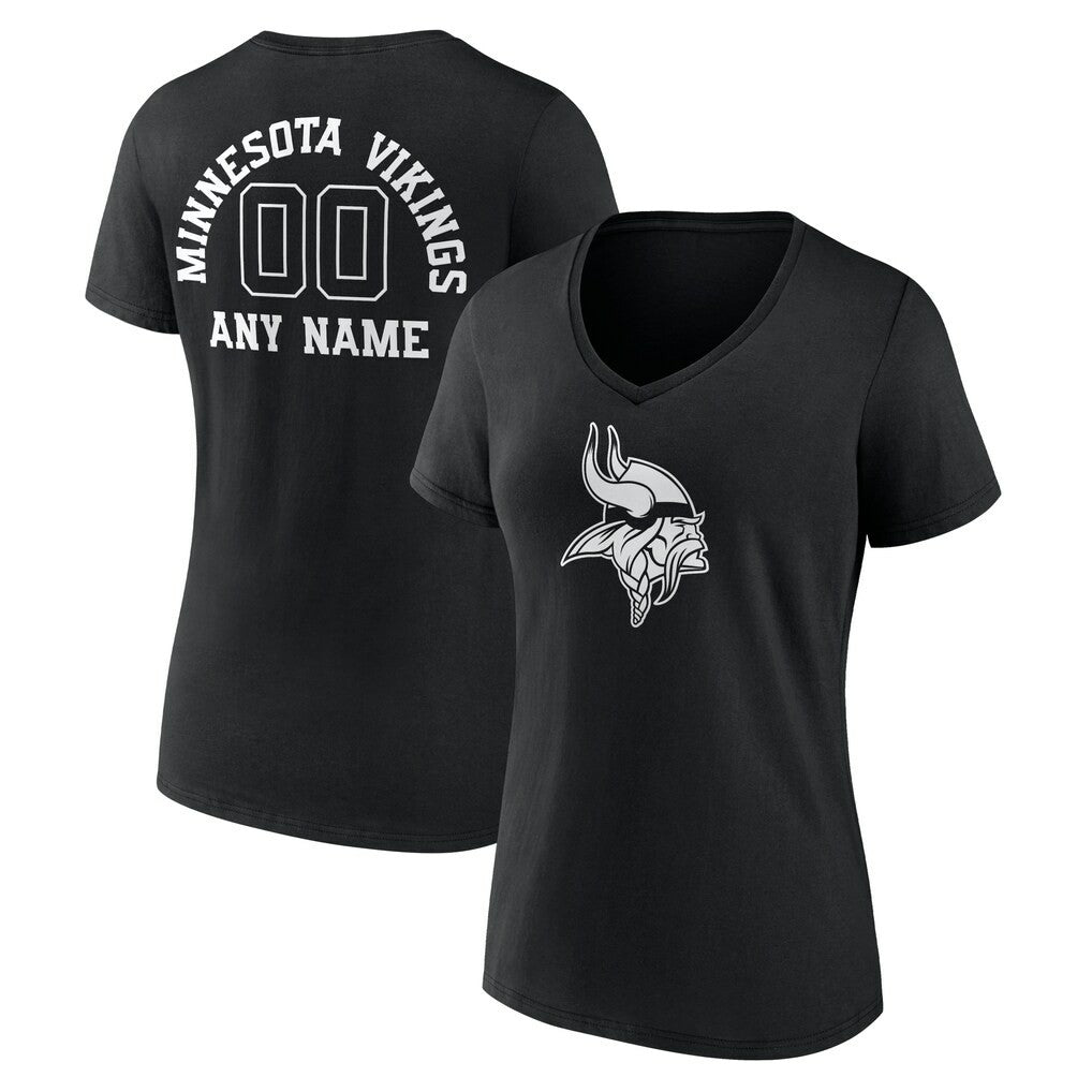 Minnesota Vikings Women's Personalized Name & Number Monochrome V-Neck T-Shirt - Black T-shirts