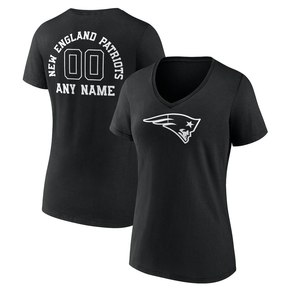 New England Patriots Women's Personalized Name & Number Monochrome V-Neck T-Shirt - Black T-shirts