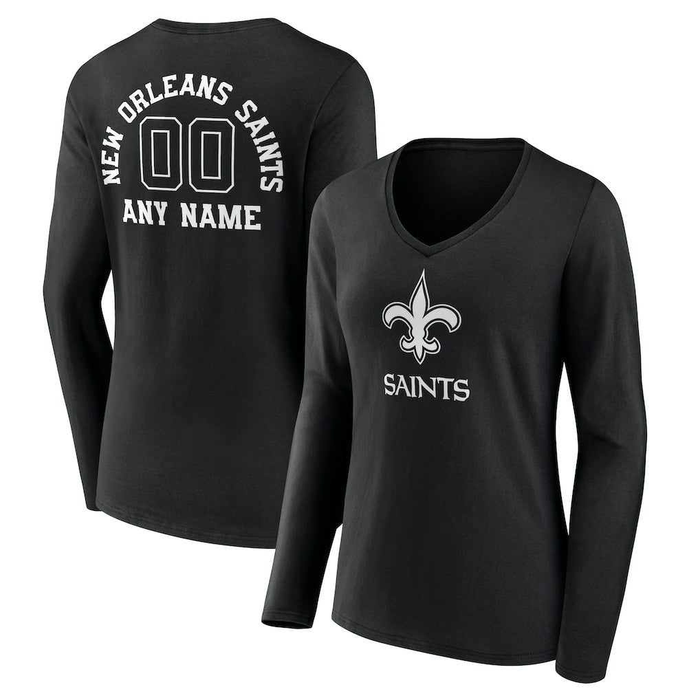 New Orleans Saints Women's Personalized Name & Number Monochrome Long Sleeve V-Neck T-Shirt - Black T-shirts