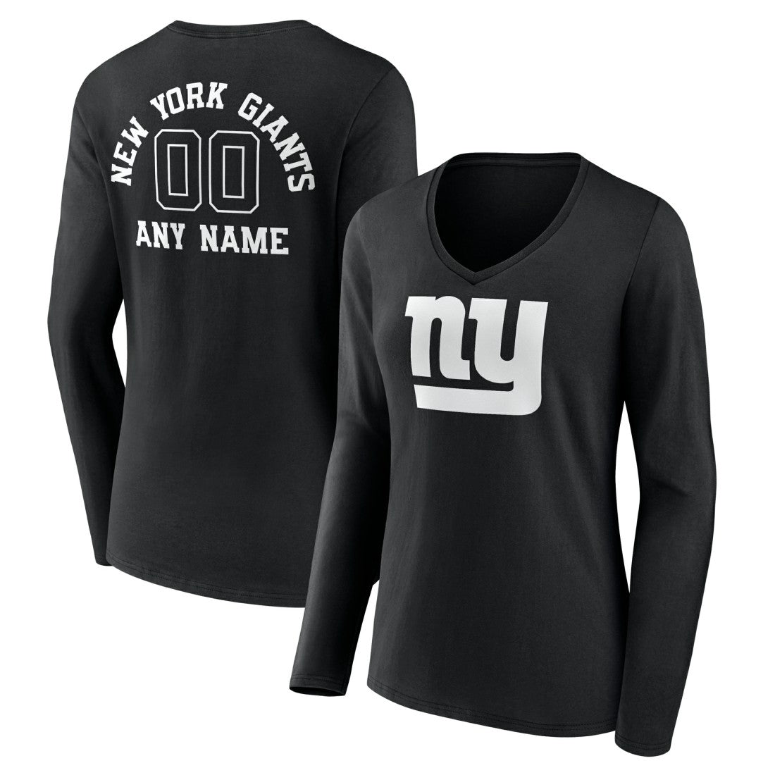 New York Giants Women's Personalized Name & Number Monochrome Long Sleeve V-Neck T-Shirt - Black T-shirts