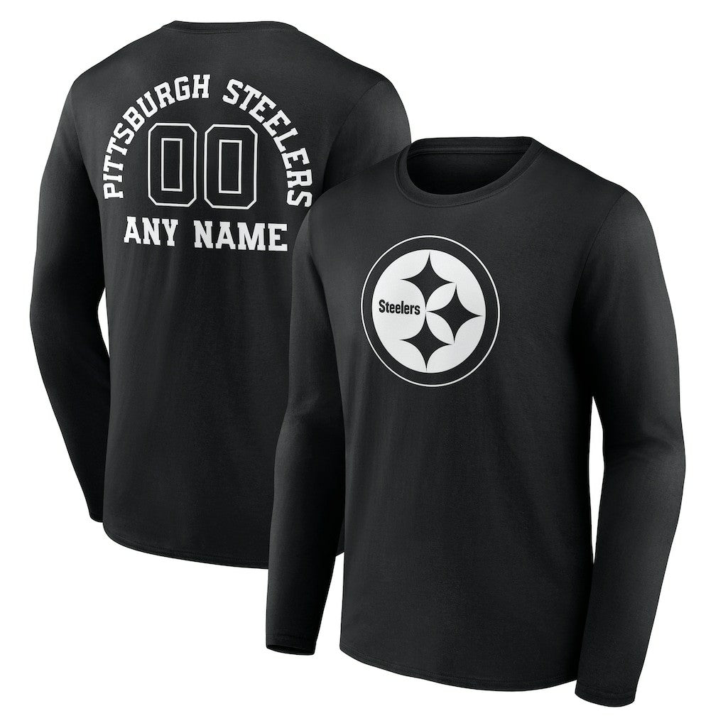 Pittsburgh Steelers Personalized Name & Number Monochrome Long Sleeve T-Shirt - Black T-shirts