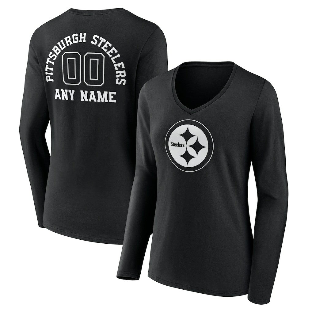 Pittsburgh Steelers Women's Personalized Name & Number Monochrome Long Sleeve V-Neck T-Shirt - Black T-shirts