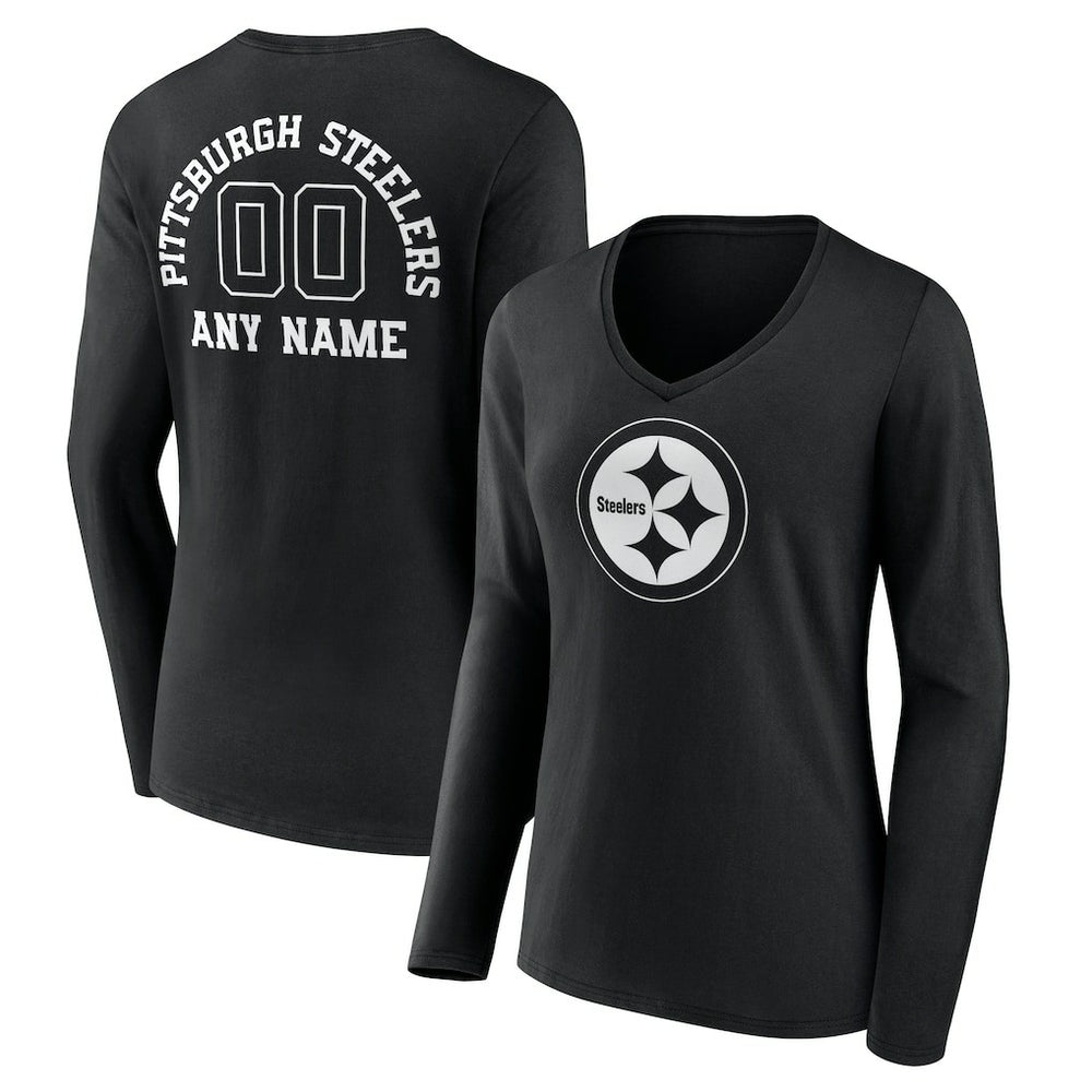 Pittsburgh Steelers Women's Personalized Name & Number Monochrome Long Sleeve V-Neck T-Shirt - Black T-shirts