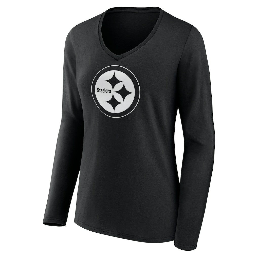 Pittsburgh Steelers Women's Personalized Name & Number Monochrome Long Sleeve V-Neck T-Shirt - Black T-shirts