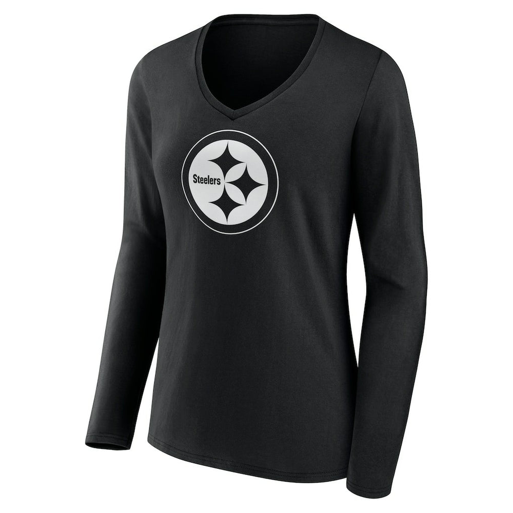 Pittsburgh Steelers Women's Personalized Name & Number Monochrome Long Sleeve V-Neck T-Shirt - Black T-shirts
