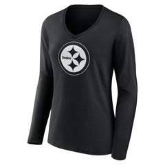 Pittsburgh Steelers Women's Personalized Name & Number Monochrome Long Sleeve V-Neck T-Shirt - Black T-shirts