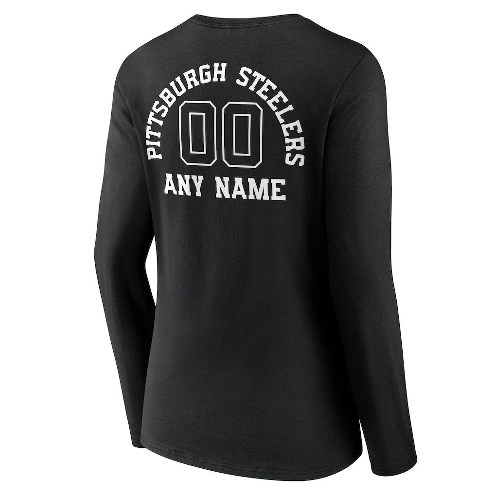 Pittsburgh Steelers Women's Personalized Name & Number Monochrome Long Sleeve V-Neck T-Shirt - Black T-shirts