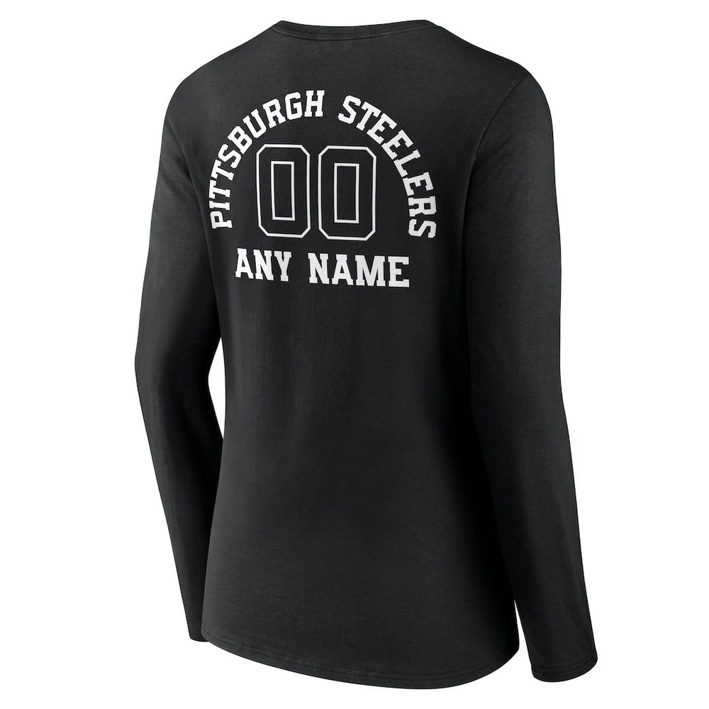 Pittsburgh Steelers Women's Personalized Name & Number Monochrome Long Sleeve V-Neck T-Shirt - Black T-shirts