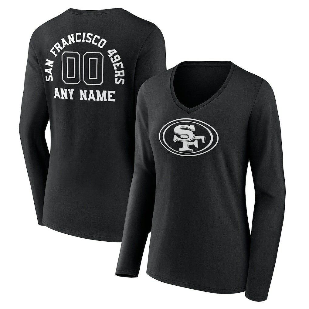 San Francisco 49ers Women's Personalized Name & Number Monochrome Long Sleeve V-Neck T-Shirt - Black T-shirts