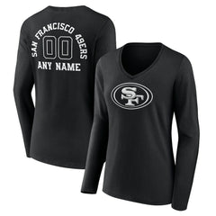 San Francisco 49ers Women's Personalized Name & Number Monochrome Long Sleeve V-Neck T-Shirt - Black T-shirts
