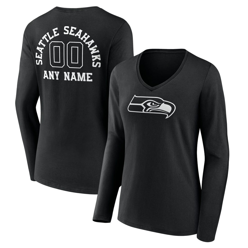 Seattle Seahawks Women's Personalized Name & Number Monochrome Long Sleeve V-Neck T-Shirt - Black T-shirts