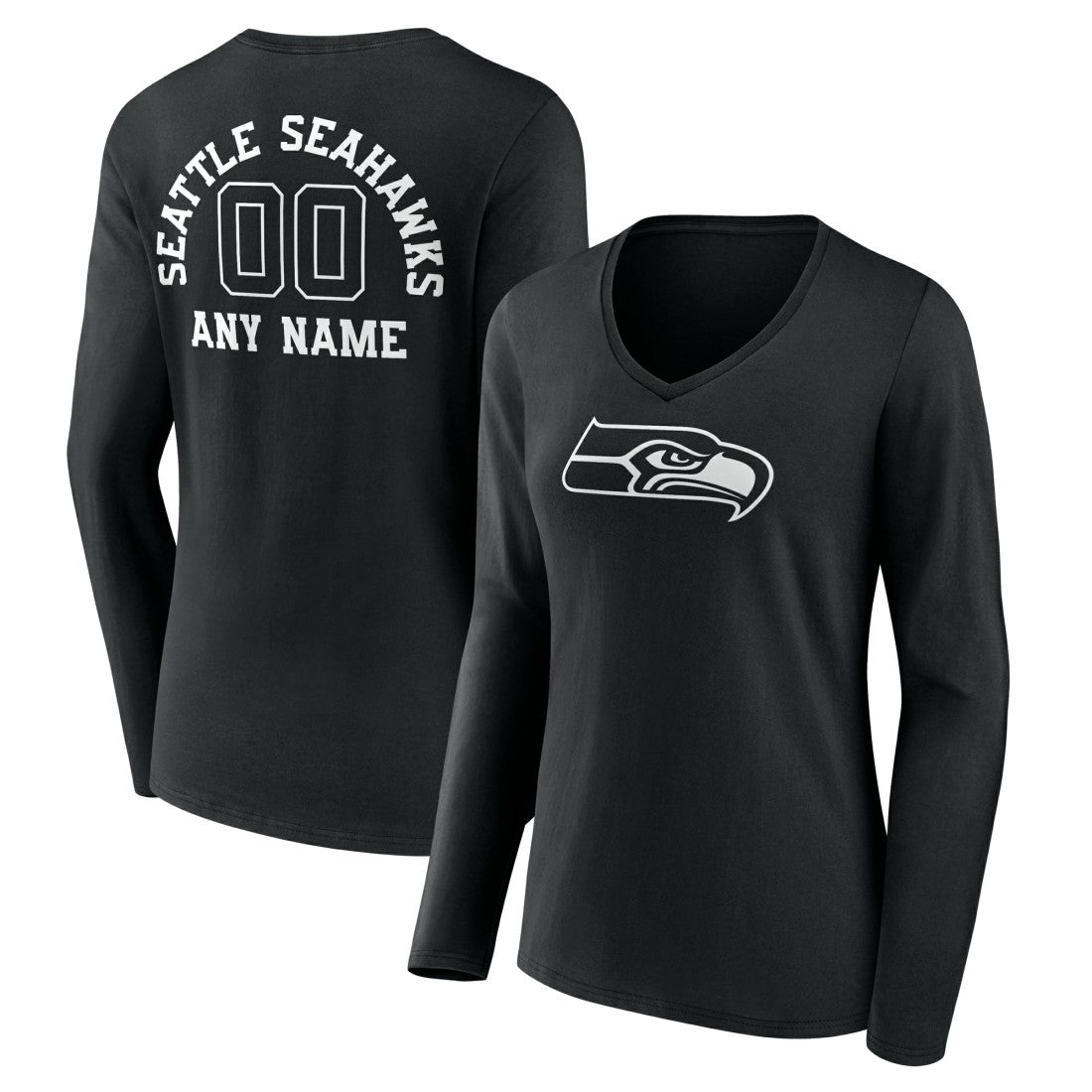 Seattle Seahawks Women's Personalized Name & Number Monochrome Long Sleeve V-Neck T-Shirt - Black T-shirts
