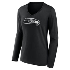 Seattle Seahawks Women's Personalized Name & Number Monochrome Long Sleeve V-Neck T-Shirt - Black T-shirts