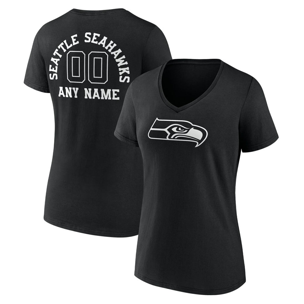 Seattle Seahawks Women's Personalized Name & Number Monochrome V-Neck T-Shirt - Black T-shirts