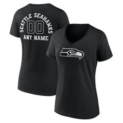 Seattle Seahawks Women's Personalized Name & Number Monochrome V-Neck T-Shirt - Black T-shirts