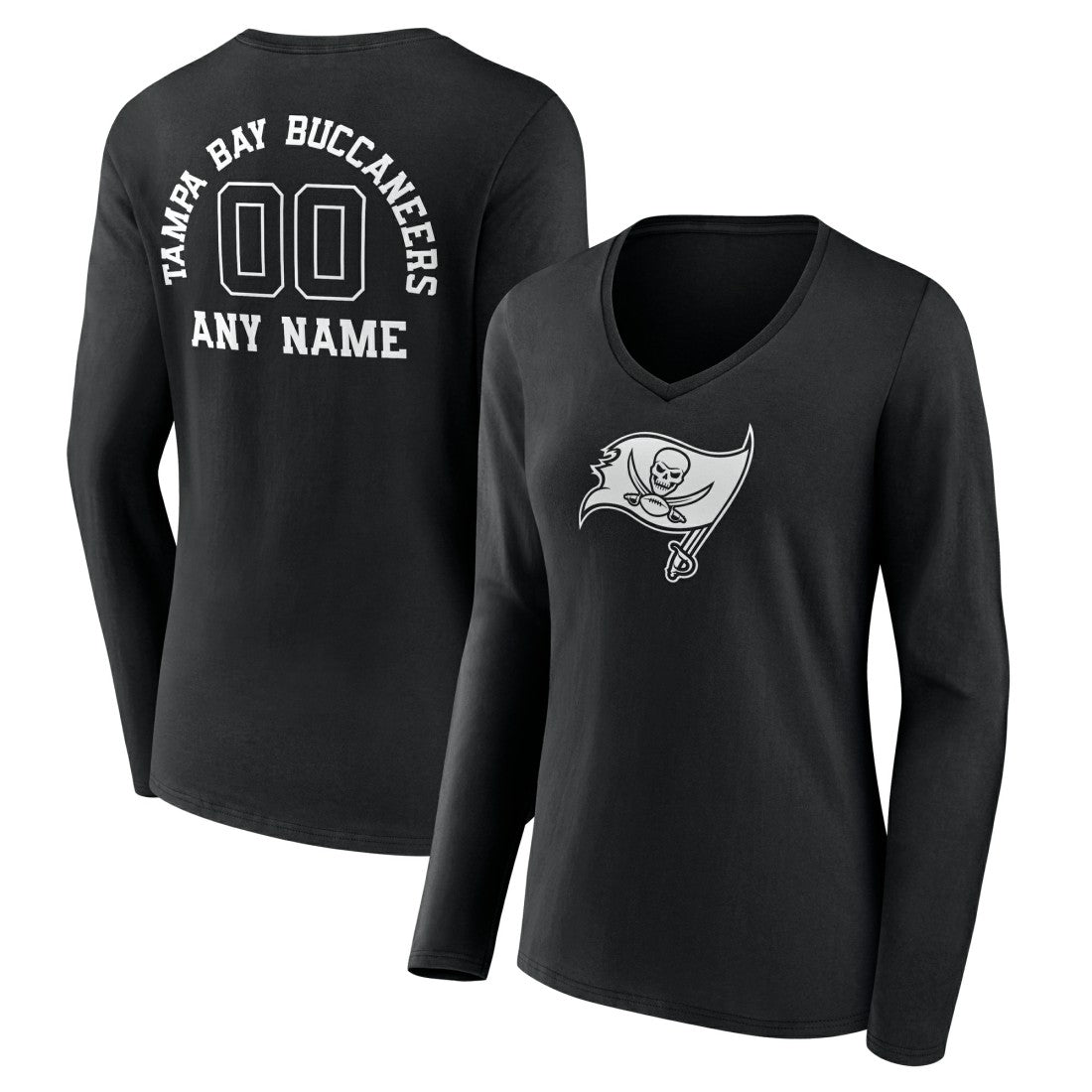 Tampa Bay Buccaneers Women's Personalized Name & Number Monochrome Long Sleeve V-Neck T-Shirt - Black T-shirts