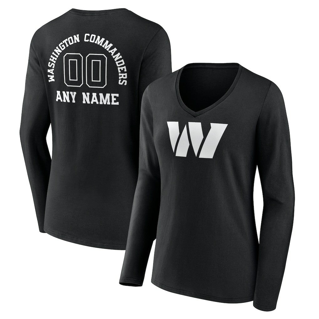 Washington Commanders Women's Personalized Name & Number Monochrome Long Sleeve V-Neck T-Shirt - Black T-shirts