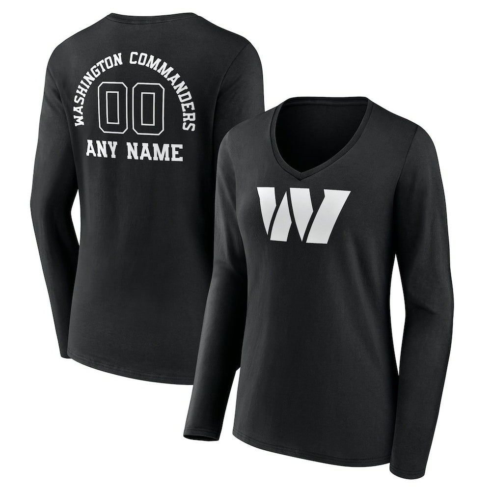 Washington Commanders Women's Personalized Name & Number Monochrome Long Sleeve V-Neck T-Shirt - Black T-shirts