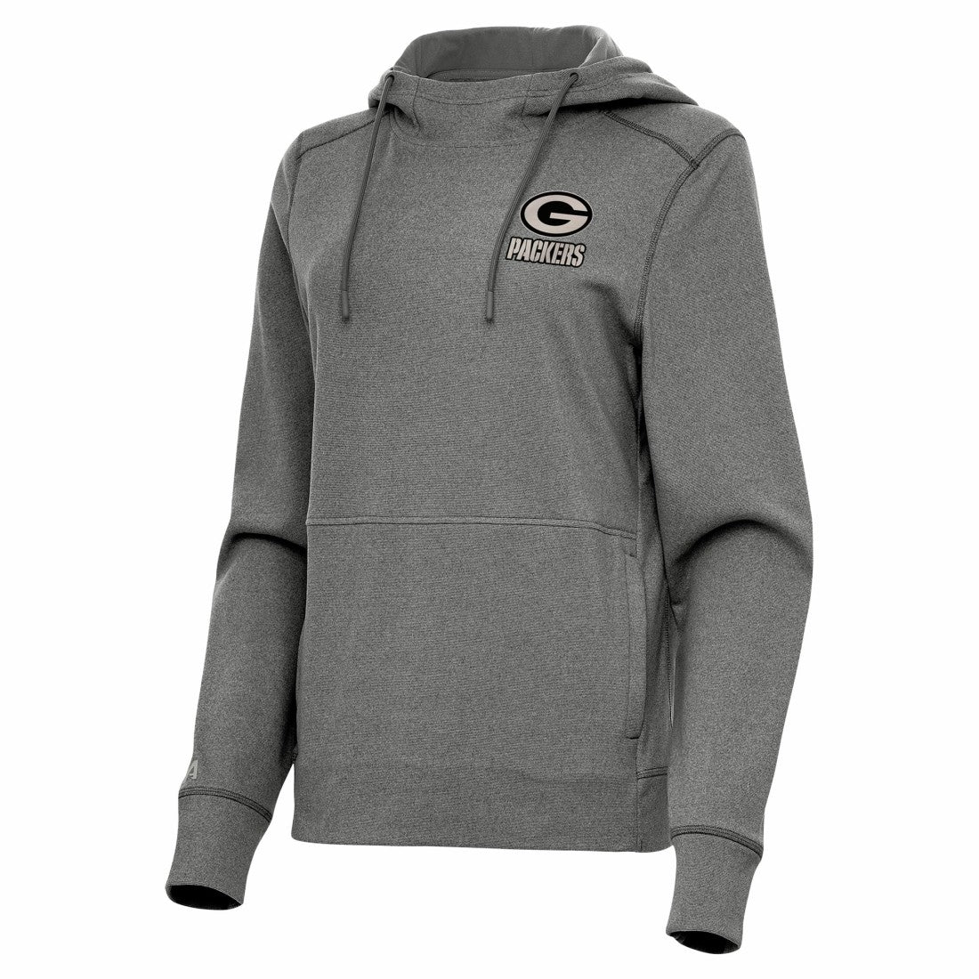 Green Bay Packers Antigua Women's Justice Pullover Hoodie - Heather Black Hoodies