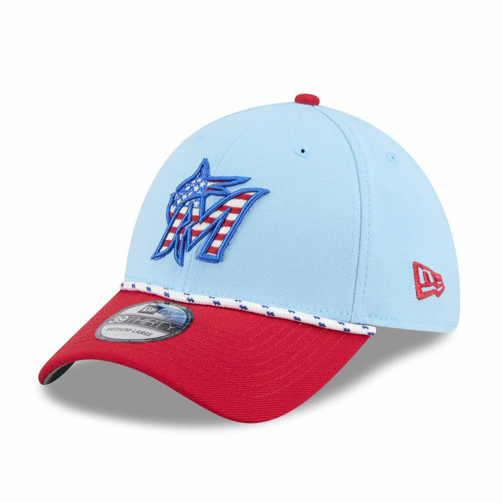 Miami Marlins New Era 2025 Fourth of July 39THIRTY Flex Hat - Light Blue/Red Hats