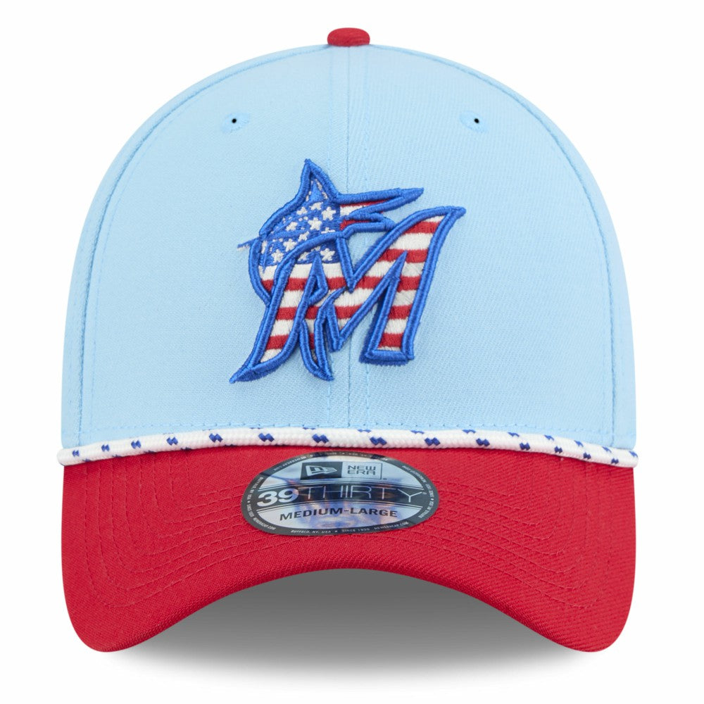 Miami Marlins New Era 2025 Fourth of July 39THIRTY Flex Hat - Light Blue/Red Hats