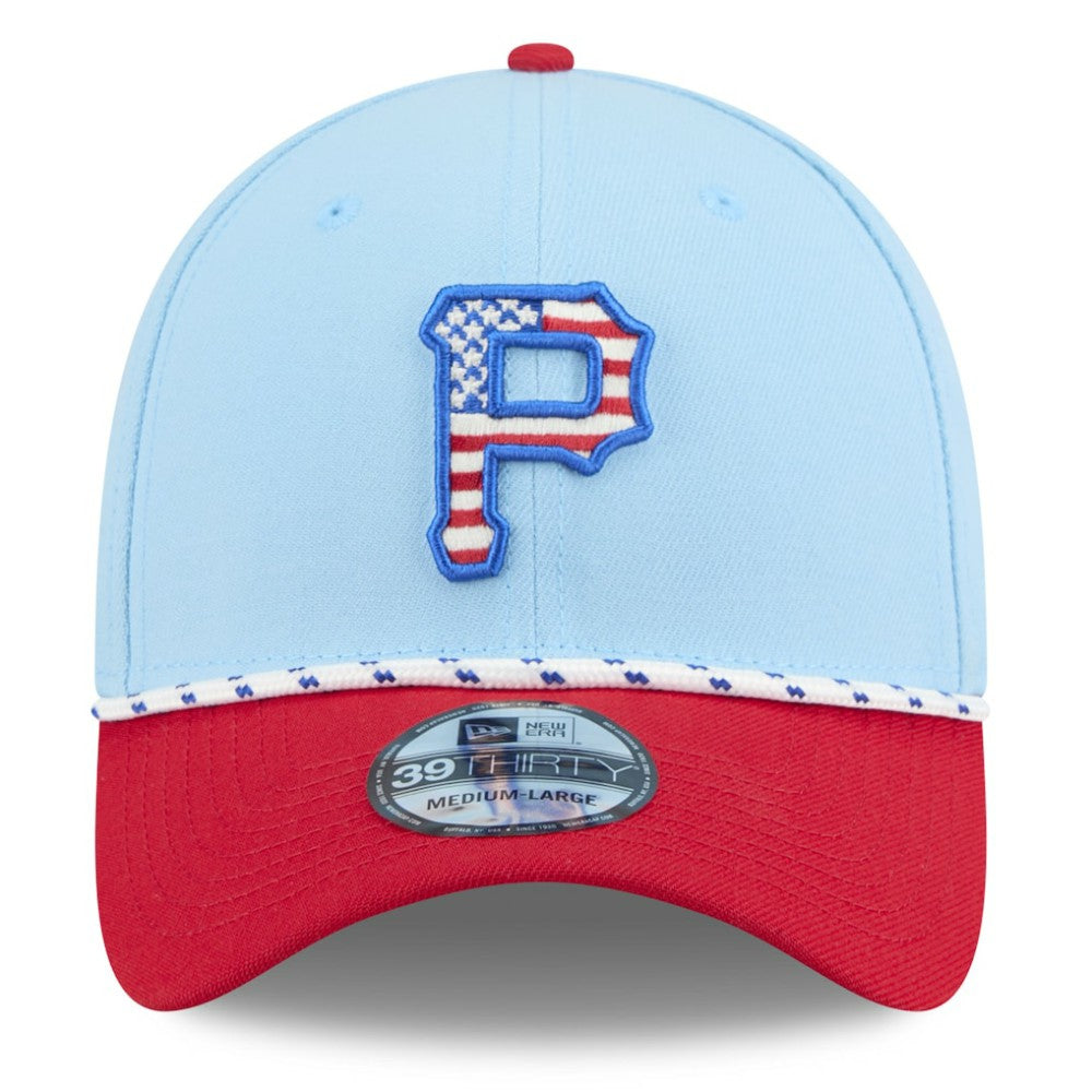 Pittsburgh Pirates New Era 2025 Fourth of July 39THIRTY Flex Hat - Light Blue/Red Hats