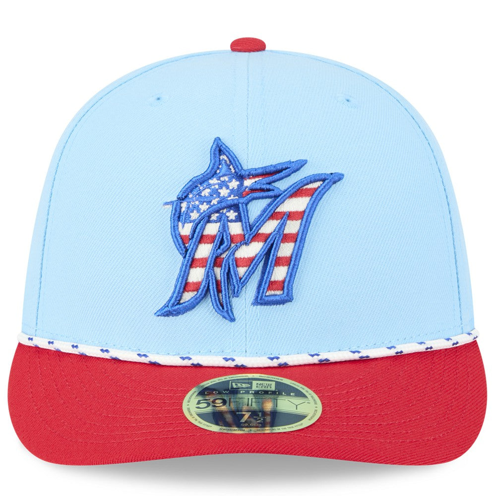 Miami Marlins New Era 2025 Fourth of July Low Profile 59FIFTY Fitted Hat - Light Blue/Red Hats