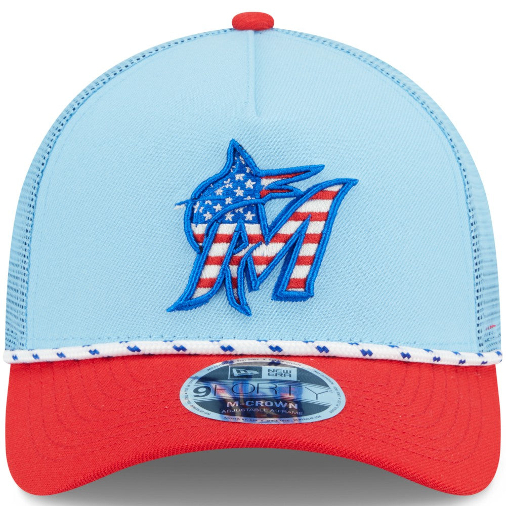 Miami Marlins New Era 2025 Fourth of July 9FORTY A-Frame M-Crown Adjustable Trucker Hat - Light Blue/Red Hats