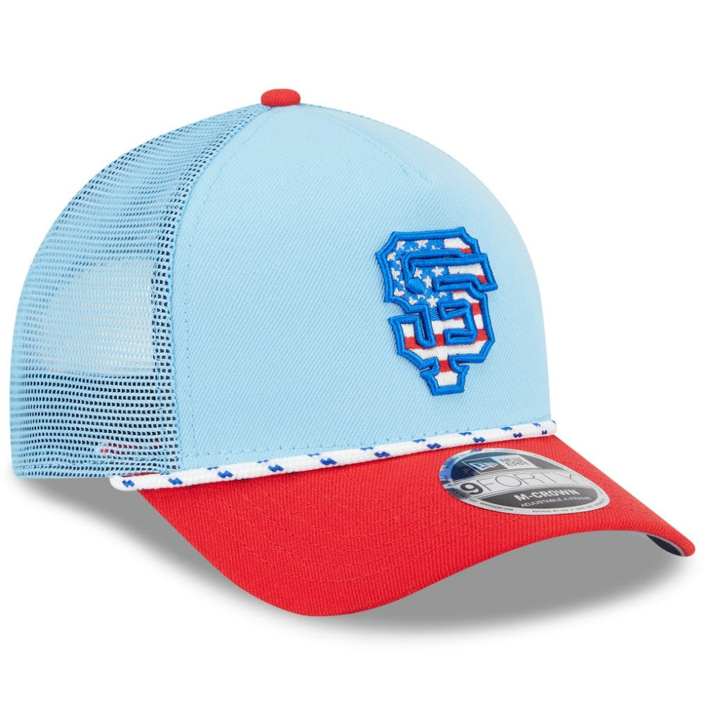 San Francisco Giants New Era 2025 Fourth of July 9FORTY A-Frame M-Crown Adjustable Trucker Hat - Light Blue/Red Hats