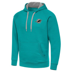 Miami Dolphins Antigua Brushed Carbon Victory Pullover Hoodie - Aqua Hoodies
