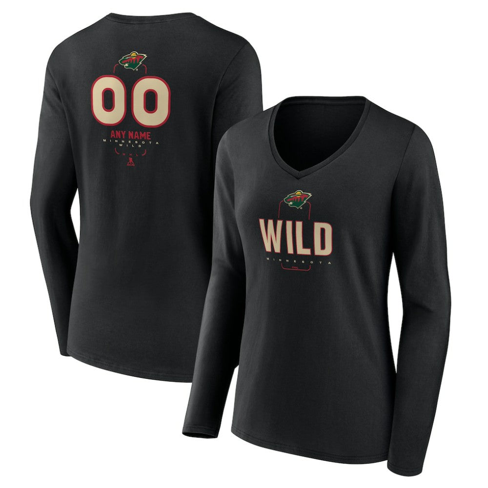 Minnesota Wild Women's Personalized Name & Number Midfielder Long Sleeve V-Neck T-Shirt - Black | US 202441358