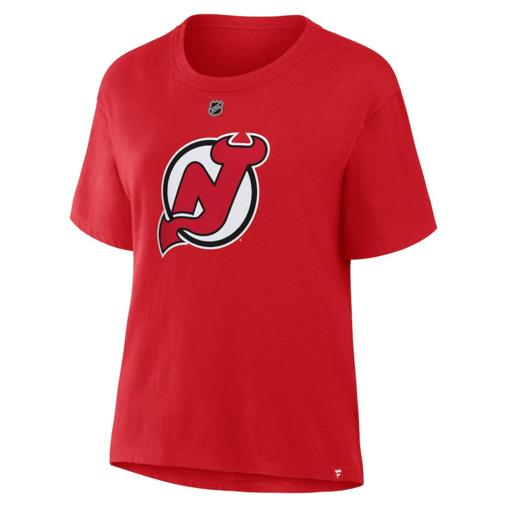 Jack Hughes New Jersey Devils Fanatics Women's Authentic Stack Name & Number T-Shirt - Red | US 202477548